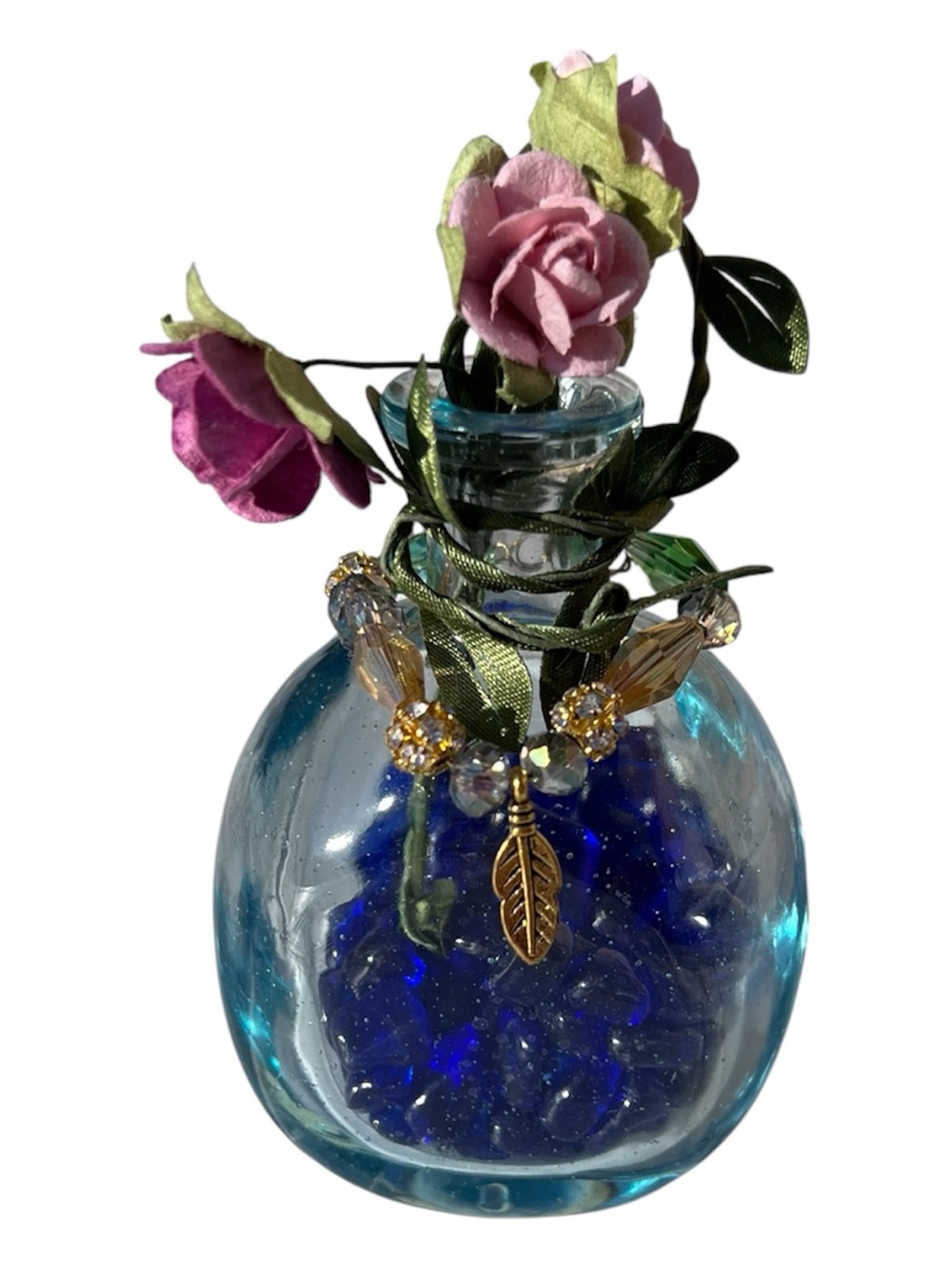 Small Glass Vase with Pink Rose Accents